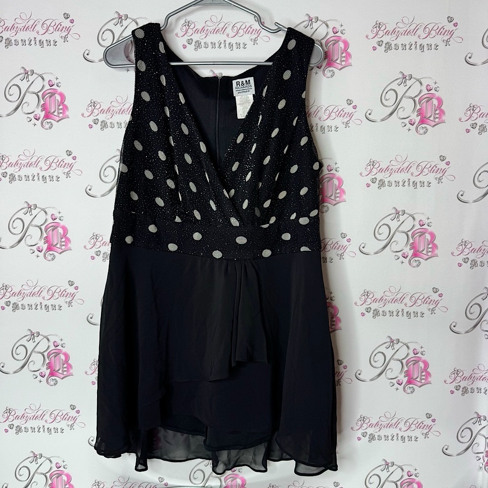 R&M Richards Black and White Polka Dot Dress sparkly zip up back